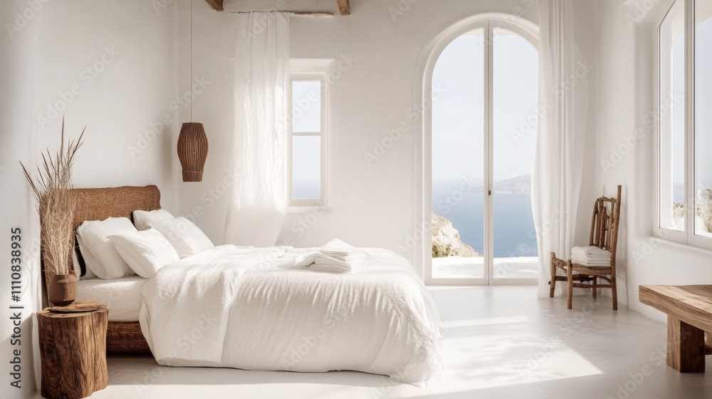 Fototapeta premium Serene Coastal Bedroom: Minimalist Design with a Stunning Sea View