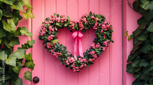 Artistic view of a floral heart wreath with cascading ribbons, placed on a bright pastel door surrounded by ivy, cheerful and romantic tone