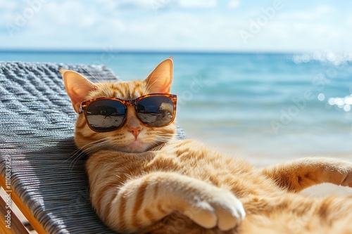 Cool cat in sunglasses relaxing on a lounge chair at the beach