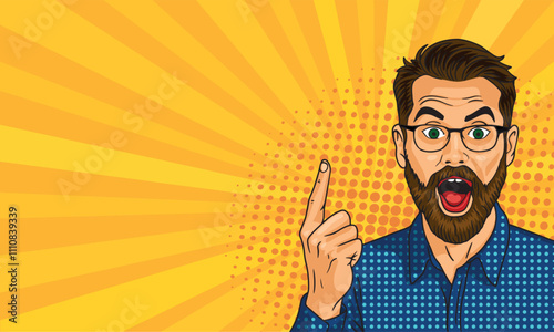 A young bearded man in pop art style shows his finger.On a yellow background. Pop art vector comic style