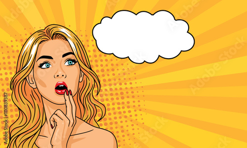 Young blonde woman in pop art style thinking. On a yellow background. Pop art vector comic style