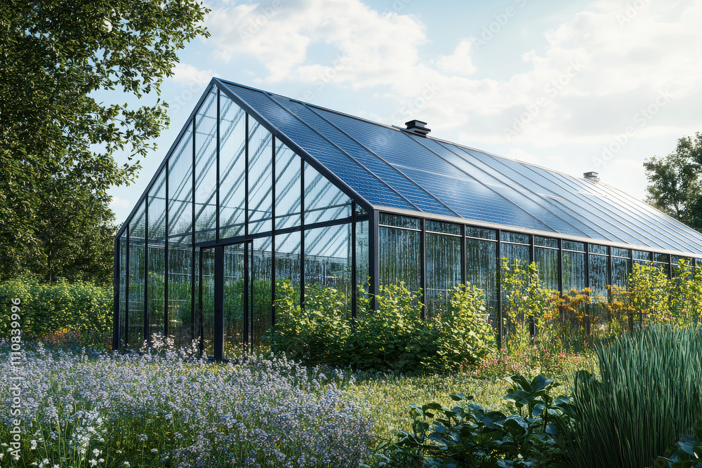 A modern greenhouse surrounded by lush greenery and blooming flowers. A modern greenhouse surrounded by lush greenery and blooming flowers.