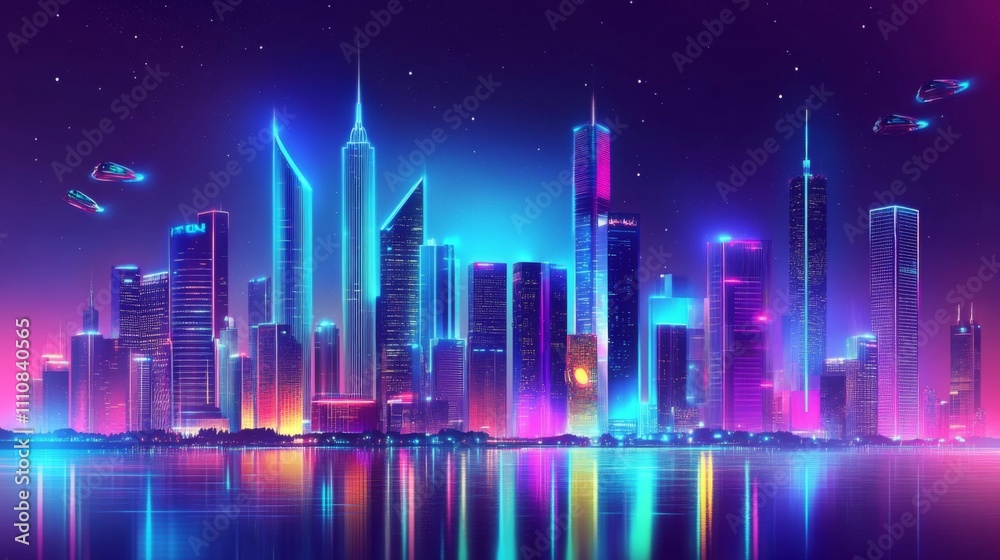 Neon Cityscape at Night: Futuristic Skyline with Reflections Neon Cityscape at Night: Futuristic Skyline with Reflections