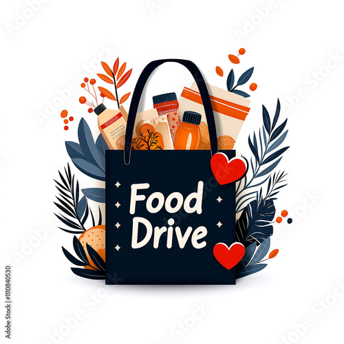 Food drive illustration featuring bag filled with food items, surrounded by plants and hearts, symbolizing community support and generosity