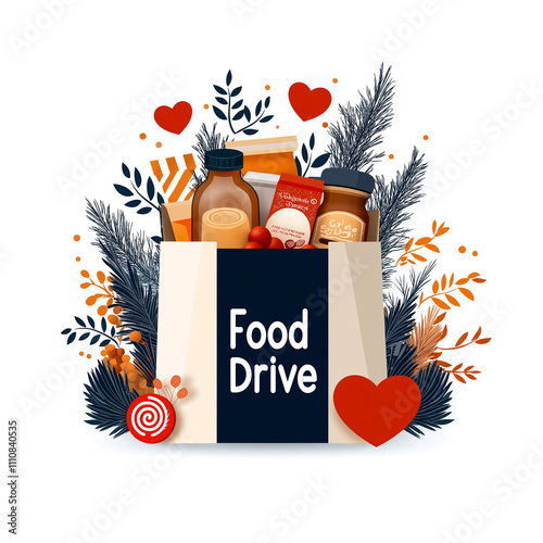 Food drive box filled with various food items, surrounded by decorative elements. heartwarming illustration promoting community support and generosity