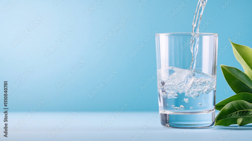 Fresh water being poured into clear glass, surrounded by green leaves, creates refreshing and vibrant scene. blue background enhances clarity and purity of water Fresh water being poured into clear glass, surrounded by green leaves, creates refreshing and vibrant scene. blue background enhances clarity and purity of water