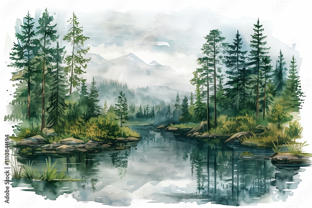 Naklejka premium Serene watercolor landscape featuring lush trees by a tranquil river reflecting the mountains.