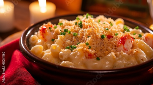 Photo of, A bowl of creamy lobster macaroni and cheese topped with breadcrumbs, Mac and cheese in bowl photo