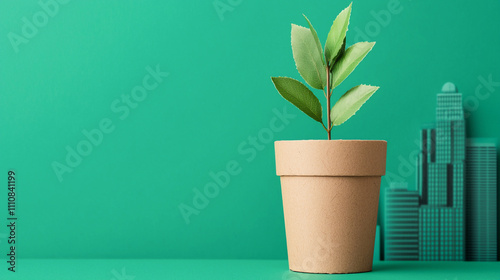 Young plant in a pot against a stylized cityscape on a green background, symbolizing urban growth and nature. photo