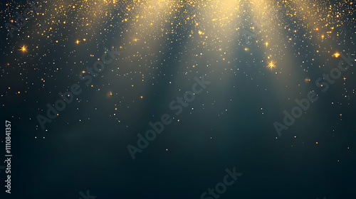 Golden glitter particles falling on dark background.