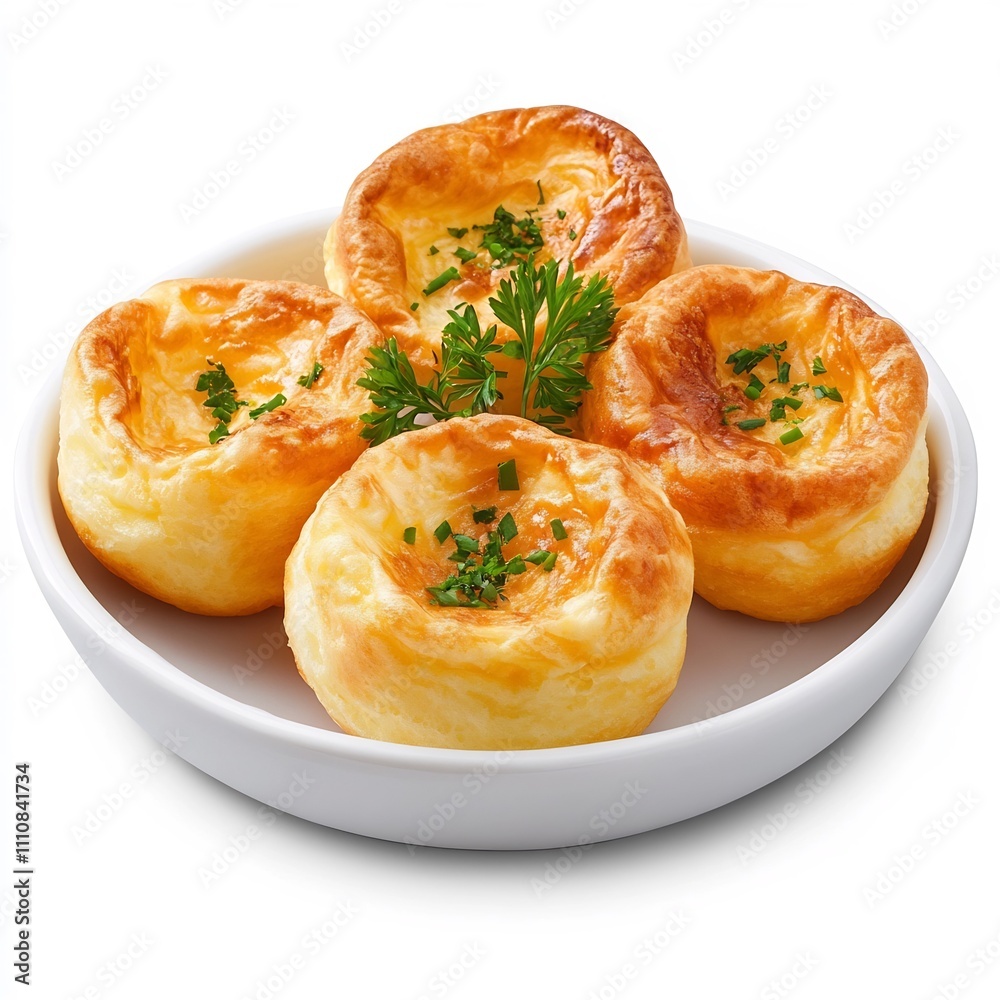 Macro Shot of Freshly Baked American Style Savory Popovers on White Background Macro Shot of Freshly Baked American Style Savory Popovers on White Background