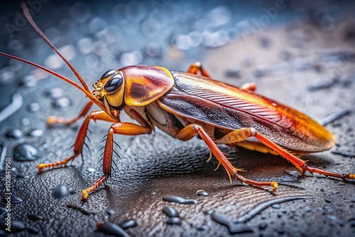 Vivid Macro Shot of a Live Cockroach on a Speckled Gray Surface Highlighting Textures, Ideal for Pest Control and Hygiene Themes with Ample Copy Space for Text Overlay photo