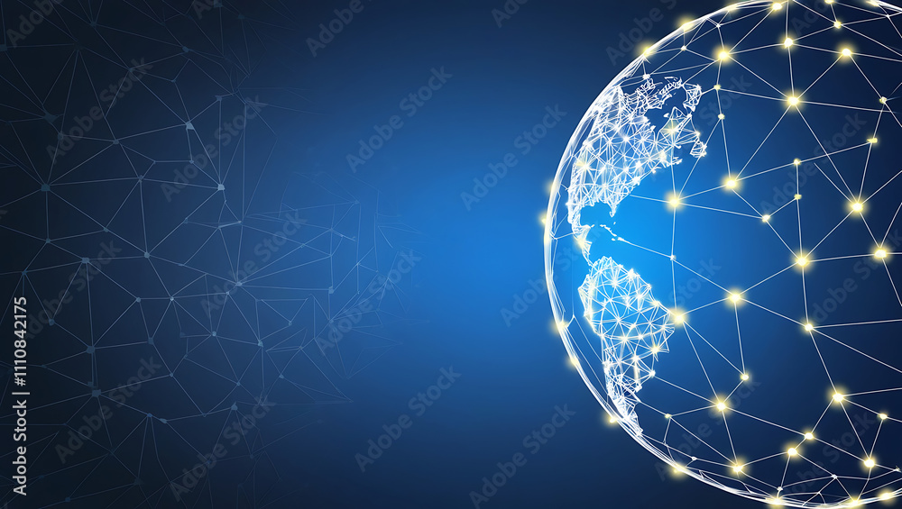 Networked Globe Symbolizing Global Connectivity and Technology background, Digital globe with network connections copy space, Networked Globe blue background, blue background copy space