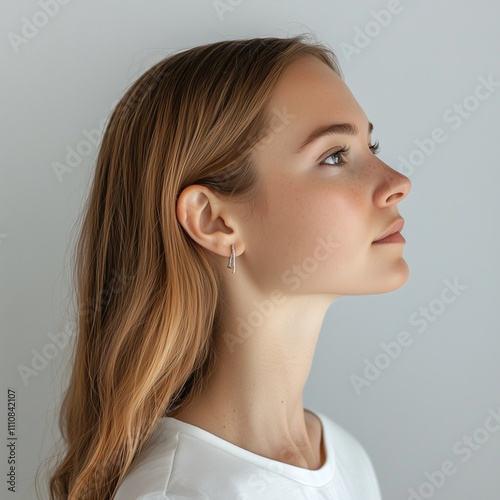 Side Portrait Photo of a Woman Posing for as a Earring Model, White Background