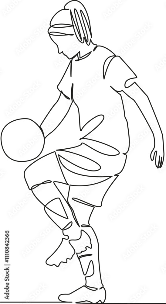 Fototapeta premium One continuous single drawing line art flat doodle girl, woman football player, juggles ball, accuracy training. Isolated image hand draw contour on a white background, hand drawn, not AI