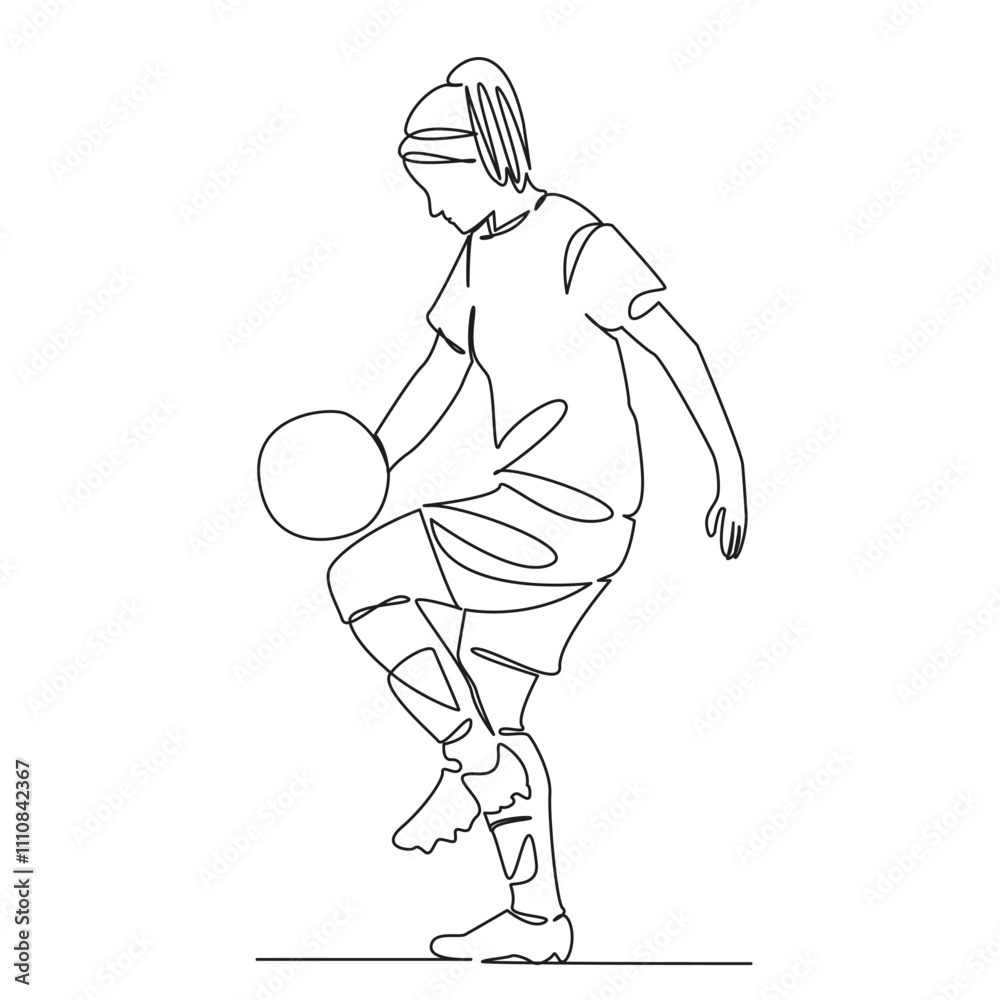 Fototapeta premium One continuous single drawing line art flat doodle girl, woman football player, juggles ball, accuracy training. Isolated image hand draw contour on a white background, hand drawn, not AI