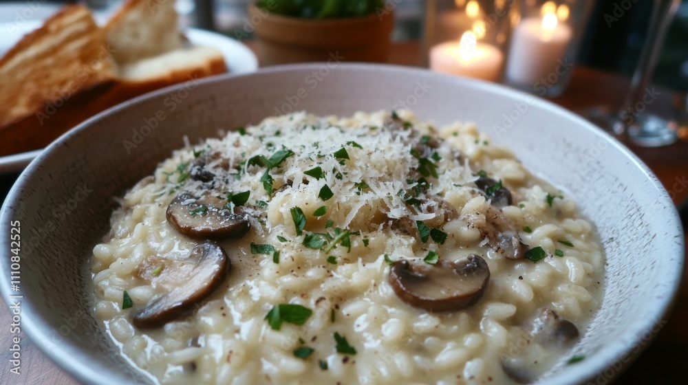Photo of, A bowl of creamy mushroom risotto garnished with freshly grated Parmesan cheese and chopped parsley, Risotto in bowl Photo of, A bowl of creamy mushroom risotto garnished with freshly grated Parmesan cheese and chopped parsley, Risotto in bowl