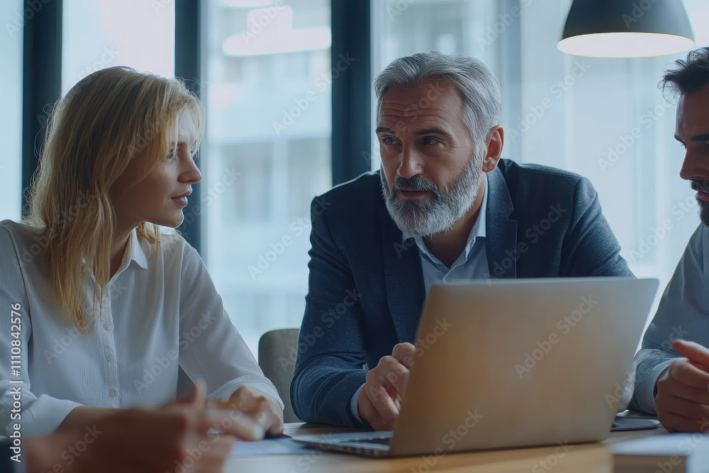 A business meeting with three professionals discussing ideas around a laptop. A business meeting with three professionals discussing ideas around a laptop.