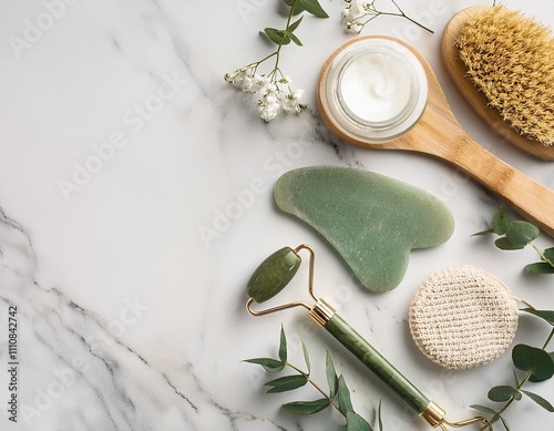 Eco-friendly hygiene setup. Flat lay top view arrangement with gua sha tools, skincare photo