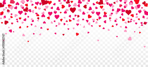 Heart confetti background. Valentine background with hearts falling on transparent