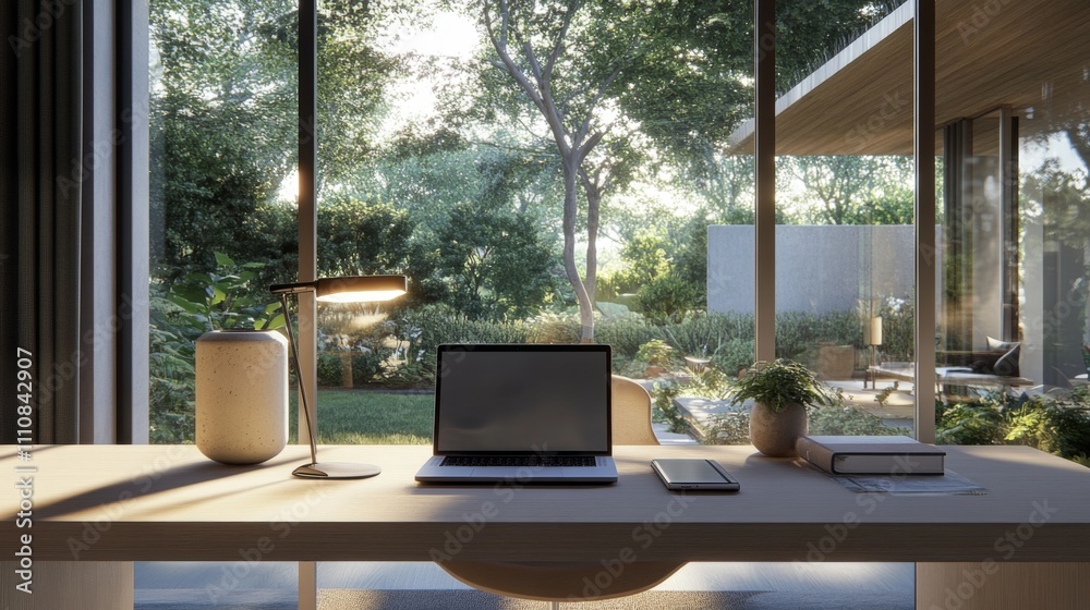 Modern Home Office with Garden View: A Peaceful Workspace Modern Home Office with Garden View: A Peaceful Workspace
