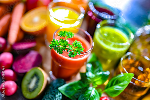 Glasses with fresh organic vegetable and fruit juices photo