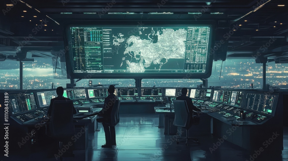 Air traffic controllers coordinating flights in a high-tech control room Air traffic controllers coordinating flights in a high-tech control room