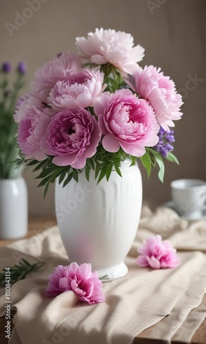 Freshly cut lavender peonies and carnations arranged in a rustic white glass vase on a linen tablecloth, outdoor decor, home decor, garden bouquet