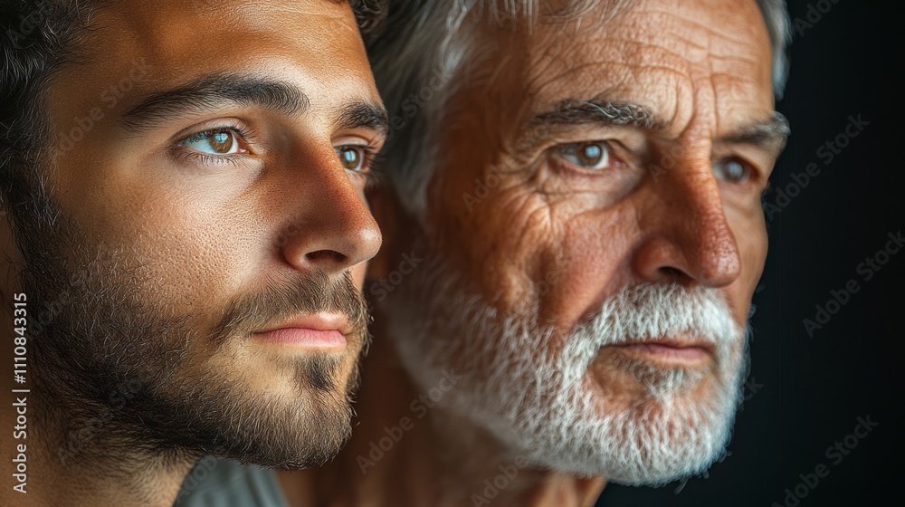 A close-up portrait of an elderly man with a white beard and a younger man, both looking thoughtful and introspective. . A close-up portrait of an elderly man with a white beard and a younger man, both looking thoughtful and introspective. .