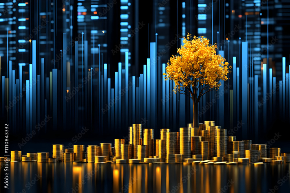 Obraz premium Golden tree growing from coins against city skyline.
