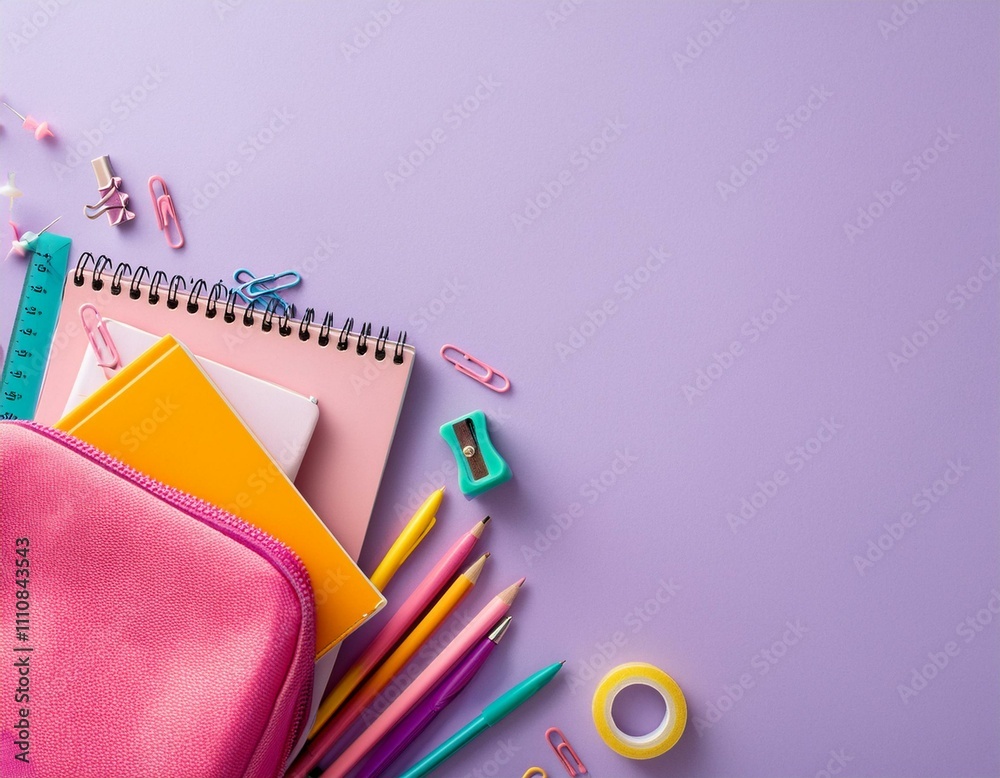 Back to school concept. Top view photo of stack of notebooks pens adhesive tape ruler clips