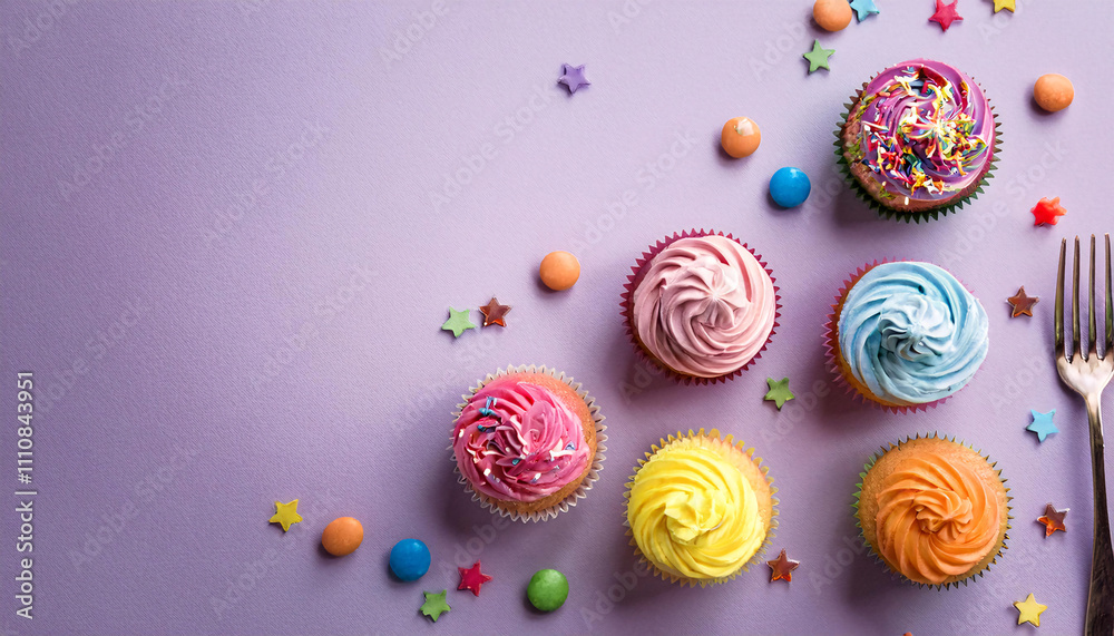 Group of vibrant cupcakes with colorful frosting and sprinkles arranged on a flat surface against a pastel backdrop Group of vibrant cupcakes with colorful frosting and sprinkles arranged on a flat surface against a pastel backdrop
