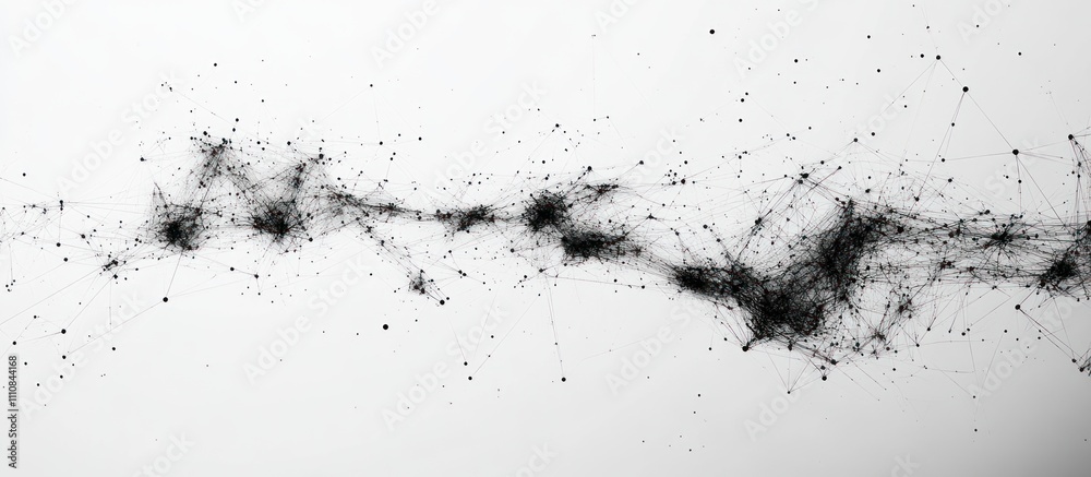 Abstract black and white background with a connecting line of particles and dust on white.