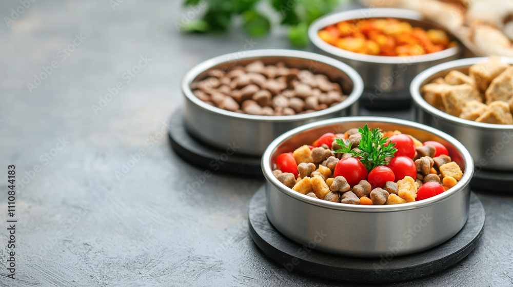 Assorted pet food in bowls on stone background with herbs, healthy nutrition concept for pets. Assorted pet food in bowls on stone background with herbs, healthy nutrition concept for pets.