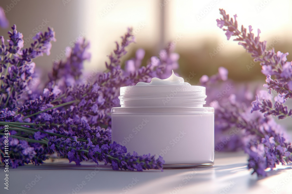 A lavender-scented cream jar surrounded by fresh lavender flowers. A lavender-scented cream jar surrounded by fresh lavender flowers.