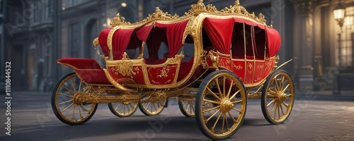 golden carriage with a crimson canopy and delicate gilded accents, elegant vehicle, richly decorated carriage, regal carriage