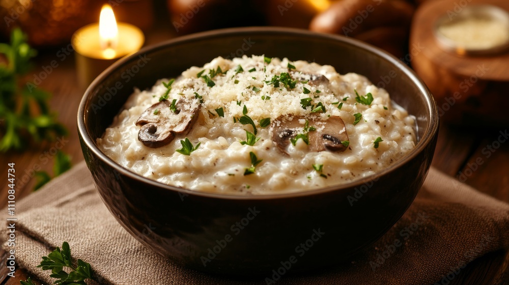 Photo of, A bowl of creamy mushroom risotto garnished with Parmesan cheese and fresh parsley, Mushroom risotto bowl centered Photo of, A bowl of creamy mushroom risotto garnished with Parmesan cheese and fresh parsley, Mushroom risotto bowl centered