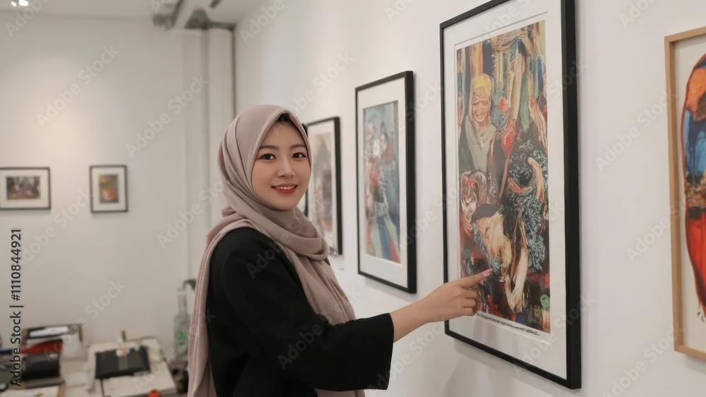 Young Muslim Woman Appreciating Art in a Gallery Young Muslim Woman Appreciating Art in a Gallery
