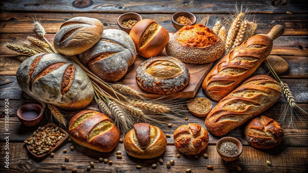 Whole Wheat Breads Displayed on a Rustic Wooden Plank with Natural Lighting Showcasing Their Texture and Freshness, Perfect for Healthy Eating and Artisan Bread Enthusiasts Whole Wheat Breads Displayed on a Rustic Wooden Plank with Natural Lighting Showcasing Their Texture and Freshness, Perfect for Healthy Eating and Artisan Bread Enthusiasts