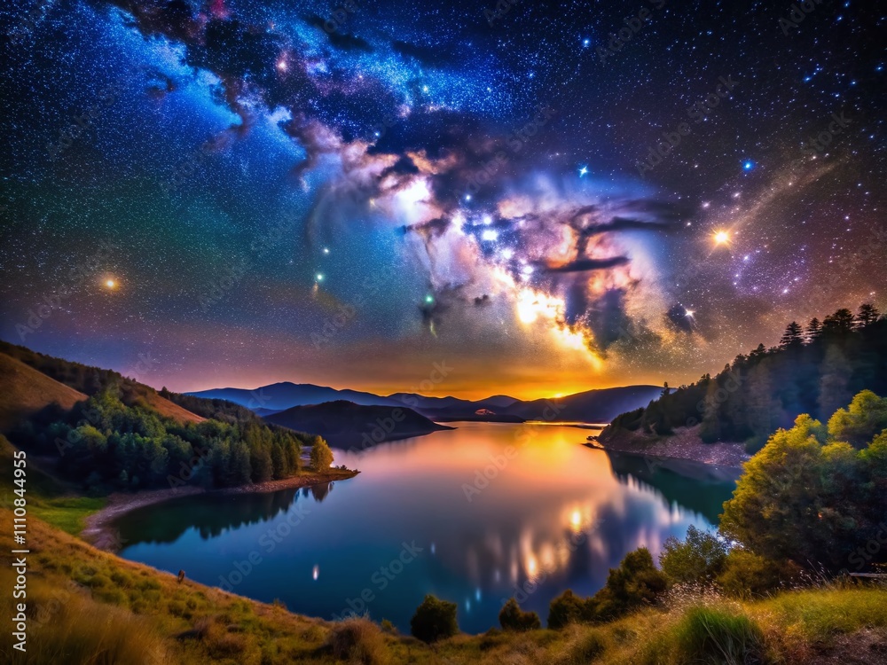 Wide Angle Capture of the Milky Way Star Field Illuminating the Night Sky with Vibrant Colors and Stunning Celestial Details Over a Serene Landscape Wide Angle Capture of the Milky Way Star Field Illuminating the Night Sky with Vibrant Colors and Stunning Celestial Details Over a Serene Landscape