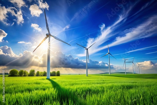 Wind Turbines in a Lush Green Field Under a Clear Blue Sky: Sustainable Energy Concept for Renewable Resources and Environmental Conservation