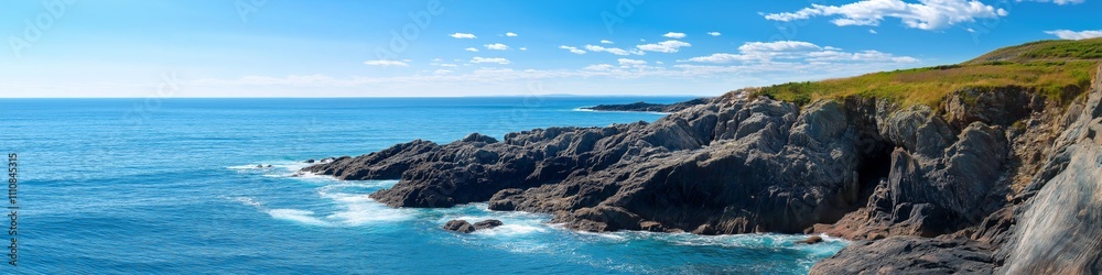 Fototapeta premium A beautiful ocean view with a rocky shoreline. The water is calm and the sky is clear