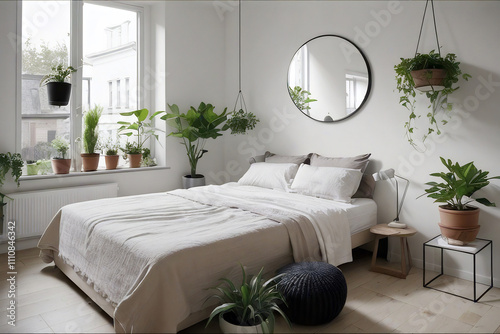 a bedroom with a bed, plants and a mirror on the wall above it, and a plant in the corner, Florianne Becker, minimalism, neutral colors, a stock photo photo