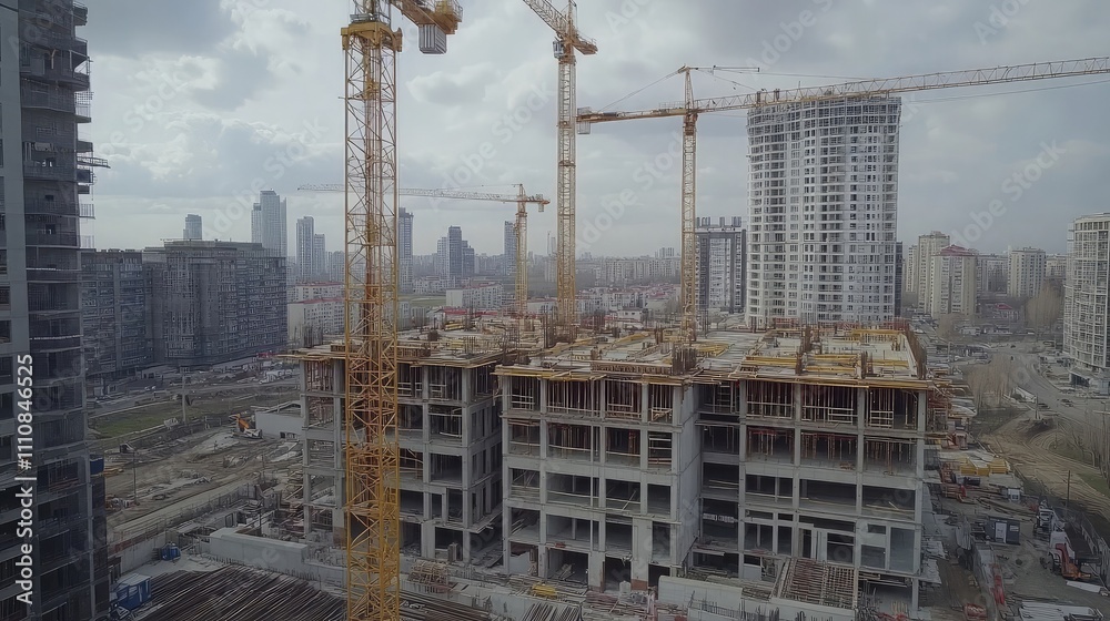 Construction site with cranes and unfinished high-rise buildings Construction site with cranes and unfinished high-rise buildings