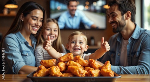 Happy family of white people enjoying chicken wings while watching a sports game on TV, capturing the joy and togetherness of the moment