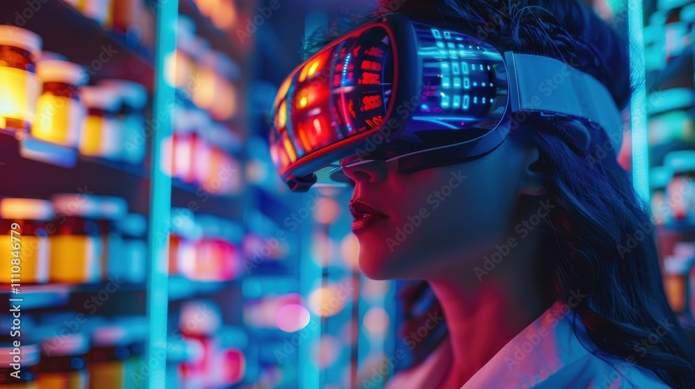 A woman wearing a VR headset stands in a colorful, illuminated environment filled with bottles, showcasing a blend of technology and futuristic aesthetics. A woman wearing a VR headset stands in a colorful, illuminated environment filled with bottles, showcasing a blend of technology and futuristic aesthetics.