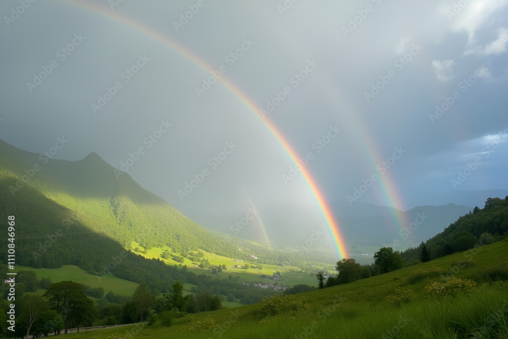 Spectacular Double Rainbow Spanning Over Lush Green Mountain Valley After Storm Spectacular Double Rainbow Spanning Over Lush Green Mountain Valley After Storm