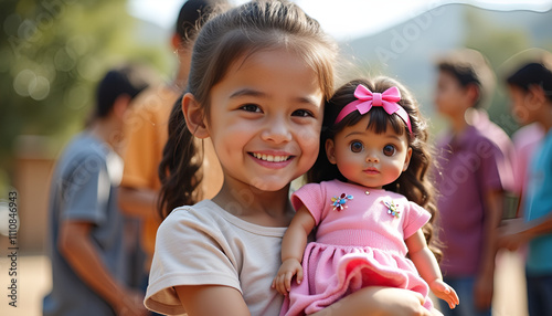 Happy girl holding doll and smiling at outdoor playground with friends in background, charity toys, donation, toy drive, toy distribution event