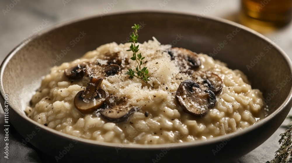 Photo of, A bowl of creamy mushroom risotto garnished with shaved Parmesan cheese and freshly chopped parsley, Mushroom risotto bowl centered Photo of, A bowl of creamy mushroom risotto garnished with shaved Parmesan cheese and freshly chopped parsley, Mushroom risotto bowl centered