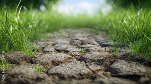 Dry cracked soil transitioning into lush green grass